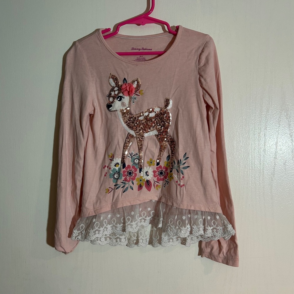 Tommy Bahama Girls Top Size S (5/6) Pink Deer Long Sleeve Lace‎ Hem